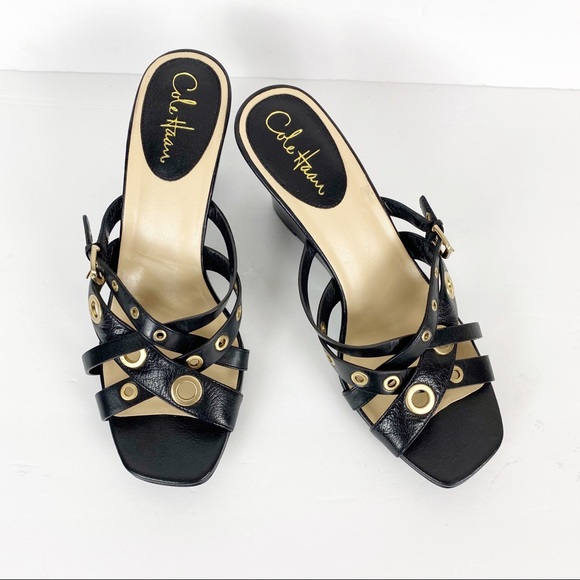 Cole Haan Black Strappy Wedge Leather Sandals - Picture 2 of 12